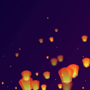 Yi Peng festival kartı. Gece gökyüzünde kağıt fener ışıkları uçuşan Tayland tatili. Geleneksel Yi Peng kutlaması. Mor gradyan arkaplan üzerindeki vektör illüstrasyonu.