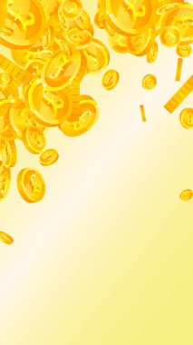 British pound coins falling. Scattered gold GBP coins.  United Kingdom money. Global financial crisis concept. Vector illustration.