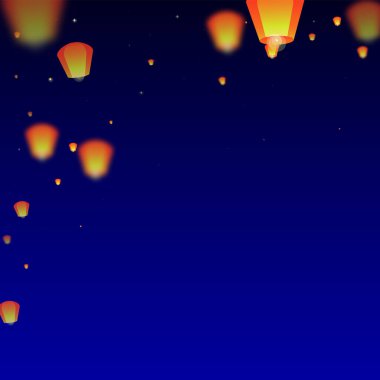 Yi Peng festival kartı. Gece gökyüzünde kağıt fener ışıkları uçuşan Tayland tatili. Geleneksel Yi Peng kutlaması. Koyu mavi arkaplanda vektör illüstrasyonu.