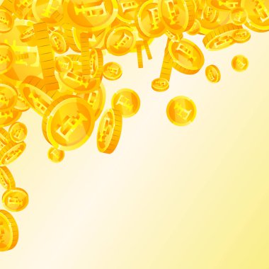 Swiss franc coins falling. Gold scattered CHF coins. Switzerland money. Great business success concept. Square vector illustration.