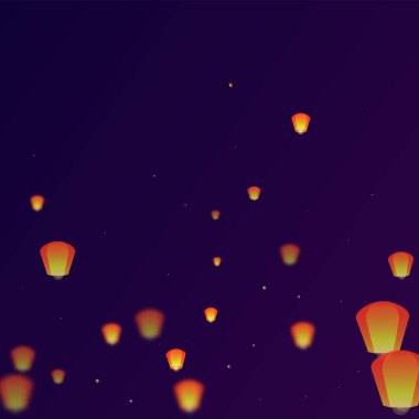 Sky lanterns floating in the night sky. Thailand holiday with paper lantern lights flying in the night sky. Sky lantern festival celebration. Vector illustration on purple gradient background. clipart