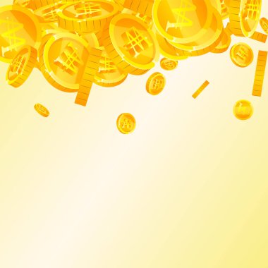 Korean won coins falling. Scattered gold WON coins. Korea money. Great business success concept. Square vector illustration.