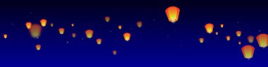 Loy Krathong 'un Chiang Mai kutlaması. Gece gökyüzünde kağıt fener ışıkları uçuşan Tayland tatili. Chiang Mai kültürel geleneği. Koyu mavi arkaplanda vektör illüstrasyonu.