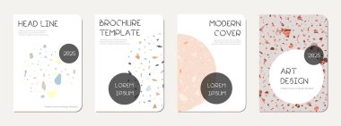 Broşür kapağı tasarımı. Doğal taşlar, granit, kuvars ve mermerden yapılmış terrazzo soyut arka plan. Venedik Terrazzo Doku Broşürü.