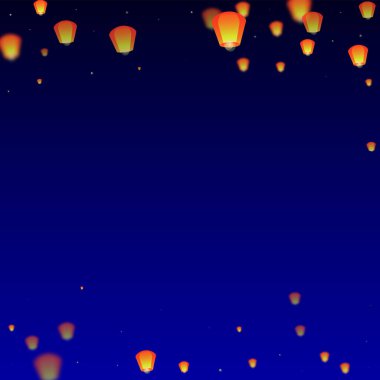 Loy Krathong 'un Chiang Mai kutlaması. Gece gökyüzünde kağıt fener ışıkları uçuşan Tayland tatili. Chiang Mai kültürel geleneği. Koyu mavi arkaplanda vektör illüstrasyonu.