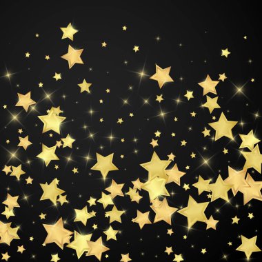 Sihirli yıldızlar vektör kaplaması. Altın yıldızlar rasgele etrafa saçılmış, düşüyor, yüzüyor. Kaotik rüya gibi çocuksu bir şablon. Siyah arkaplan üzerine vektör büyüsü.