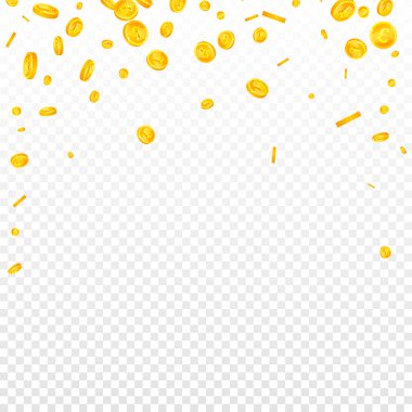 British pound coins falling. Scattered gold GBP coins.  United Kingdom money. Great business success concept. Square vector illustration.