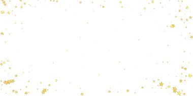 Sihirli yıldızlar vektör kaplaması. Altın yıldızlar rasgele etrafa saçılmış, düşüyor, yüzüyor. Kaotik rüya gibi çocuksu bir şablon. Beyaz arkaplanda büyülü gece gökyüzü.