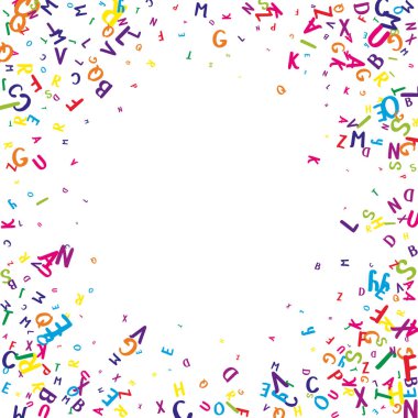 İngilizce 'nin harfleri düşüyor. Latin alfabesinin renkli, çocuksu uçan karakterleri. Yabancı diller öğrenim kavramı. Beyaz arkaplanda okul afişine geri dön.