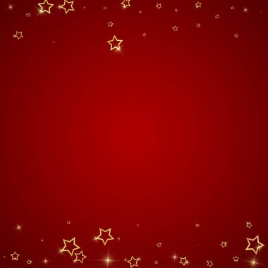 Parıldayan yıldızlar rastgele dağılmış, uçuyor, düşüyor, yüzüyor. Noel kutlaması kavramı. Kırmızı arkaplanda kutlama yıldızları vektör çizimi.