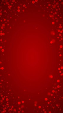 Güzel kar yağışı arkaplanı. İnce uçan kar taneleri ve kırmızı arka plandaki yıldızlar. Güzel kar yağışı şablonu. Dikey vektör illüstrasyonu.