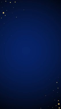 Sihirli yıldızlar vektör kaplaması. Altın yıldızlar rasgele etrafa saçılmış, düşüyor, yüzüyor. Kaotik rüya gibi çocuksu bir şablon. Koyu mavi arkaplanda vektör masalı.