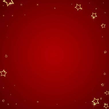 Parıldayan yıldızlar rastgele dağılmış, uçuyor, düşüyor, yüzüyor. Noel kutlaması kavramı. Kırmızı arkaplanda kutlama yıldızları vektör çizimi.