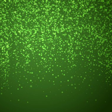 Güzel kar yağışı arkaplanı. İnce uçan kar taneleri ve yeşil arka plandaki yıldızlar. Güzel kar yağışı şablonu. Kare vektör illüstrasyonu.