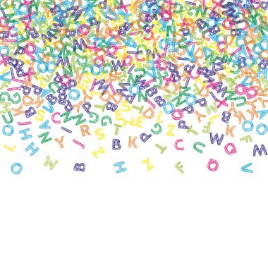 Uçan Latince mektuplar. İngiliz alfabesinin renkli çocuksu dağılmış çardakları. Yabancı diller öğrenim kavramı. Okula dönüş afişi .