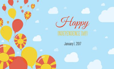 Macedonia Independence Day Sparkling Patriotic Poster. Row of Balloons in Colors of the Macedonian Flag. Greeting Card with National Flags, Blue Skyes and Clouds. clipart