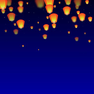 Loy Krathong festival kartı. Gece gökyüzünde kağıt fener ışıkları uçuşan Tayland tatili. Loy Krathong kutlaması. Koyu mavi arkaplanda vektör illüstrasyonu.