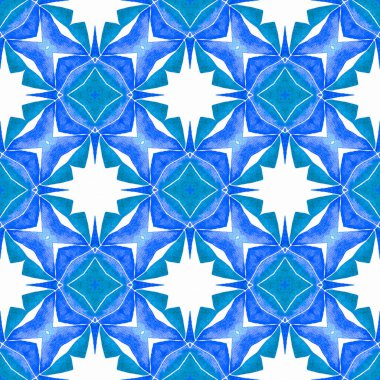Tekstil hazır canlı baskı, mayo kumaş, duvar kağıdı, ambalaj. Mavi büyüleyici boho şık yaz tasarımı. Sembol suluboya deseni. Yeşil geometrik sembolü suluboya kenarı.