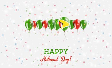 Guyana Independence Day Sparkling Patriotic Poster. Row of Balloons in Colors of the Guyanese Flag. Greeting Card with National Flags, Confetti and Stars. clipart