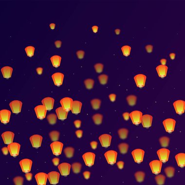 Yi Peng festival kartı. Gece gökyüzünde kağıt fener ışıkları uçuşan Tayland tatili. Geleneksel Yi Peng kutlaması. Mor gradyan arkaplan üzerindeki vektör illüstrasyonu.