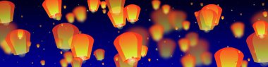 Loy Krathong festival kartı. Gece gökyüzünde kağıt fener ışıkları uçuşan Tayland tatili. Loy Krathong kutlaması. Koyu mavi arkaplanda vektör illüstrasyonu.