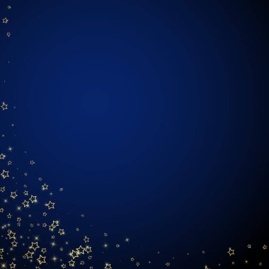 Parıldayan yıldızlar rastgele dağılmış, uçuyor, düşüyor, yüzüyor. Noel kutlaması kavramı. Koyu mavi arkaplanda kutlama yıldızları vektör illüstrasyonu.