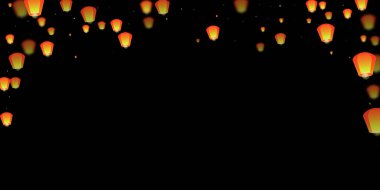 Gece gökyüzünde süzülen gökyüzü fenerleri. Gece gökyüzünde kağıt fener ışıkları uçuşan Tayland tatili. Gökyüzü feneri festivali kutlaması. Siyah arkaplanda vektör illüstrasyonu.