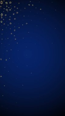 Parıldayan yıldızlar rastgele dağılmış, uçuyor, düşüyor, yüzüyor. Noel kutlaması kavramı. Koyu mavi arkaplanda kutlama yıldızları vektör illüstrasyonu.