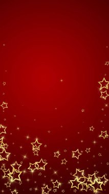 Parıldayan yıldızlar rastgele dağılmış, uçuyor, düşüyor, yüzüyor. Noel kutlaması kavramı. Kırmızı arkaplanda kutlama yıldızları vektör çizimi.