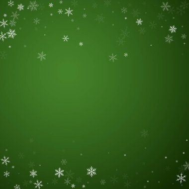 Karlı bir Noel geçmişi var. İnce uçan kar taneleri ve yeşil arka plandaki yıldızlar. Narin, tatlı, karlı bir Noel. Kare vektör illüstrasyonu.