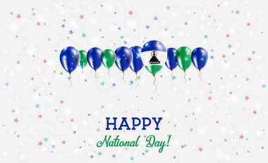 Lesotho Independence Day Sparkling Patriotic Poster. Row of Balloons in Colors of the Lesothan Flag. Greeting Card with National Flags, Confetti and Stars. clipart