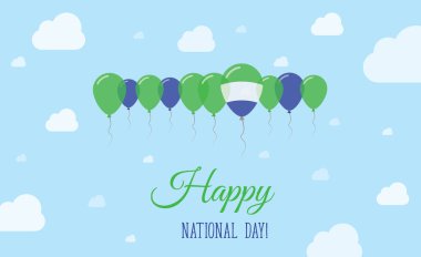 Sierra Leone Bağımsızlık Günü Parlak Vatansever Posteri. Sierra Leonean Bayrağının Renklerindeki Balonlar. Ulusal Bayrak, Mavi Kayak ve Bulutlu Tebrik Kartı.