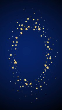 Sihirli yıldızlar vektör kaplaması. Altın yıldızlar rasgele etrafa saçılmış, düşüyor, yüzüyor. Kaotik rüya gibi çocuksu bir şablon. Koyu mavi arkaplanda büyülü bir karikatür gece gökyüzü.