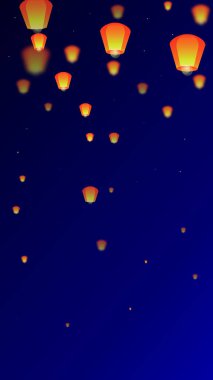 Loy Krathong festival kartı. Gece gökyüzünde kağıt fener ışıkları uçuşan Tayland tatili. Loy Krathong kutlaması. Koyu mavi arkaplanda vektör illüstrasyonu.