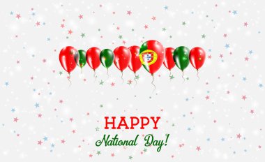 Portugal Independence Day Sparkling Patriotic Poster. Row of Balloons in Colors of the Portuguese Flag. Greeting Card with National Flags, Confetti and Stars. clipart