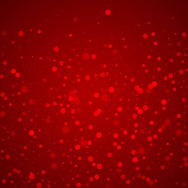 Karlı bir Noel geçmişi var. İnce uçan kar taneleri ve kırmızı arka plandaki yıldızlar. Narin, tatlı, karlı bir Noel. Kare vektör illüstrasyonu.