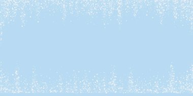 Sihirli kar yağışı arkaplanı. Hafif uçan kar taneleri ve açık mavi kış arka planındaki yıldızlar. Sihirli yağan kar tatili manzarası. Geniş vektör illüstrasyonu.