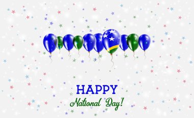 Solomon Islands Independence Day Sparkling Patriotic Poster. Row of Balloons in Colors of the Solomon Islander Flag. Greeting Card with National Flags, Confetti and Stars. clipart