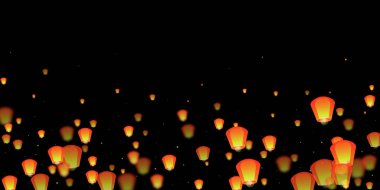 Yi Peng festival kartı. Gece gökyüzünde kağıt fener ışıkları uçuşan Tayland tatili. Geleneksel Yi Peng kutlaması. Siyah arkaplanda vektör illüstrasyonu.