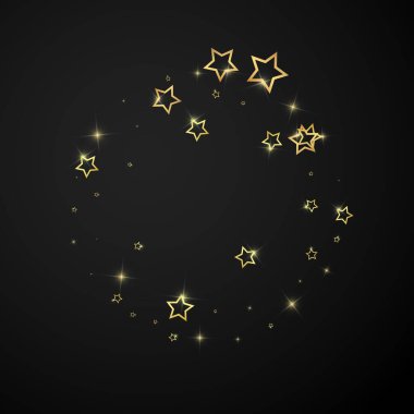 Parıldayan yıldızlar rastgele dağılmış, uçuyor, düşüyor, yüzüyor. Noel kutlaması kavramı. Siyah arkaplanda kutlama yıldızları vektör çizimi.