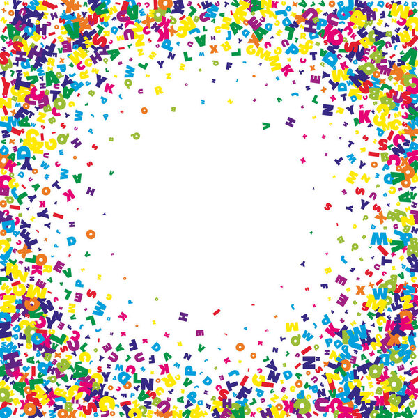 Разбросаны буквы латинского алфавита. Красочные детские плавающие персонажи английского языка. Иностранные языки изучают понятие. Снова в школу .