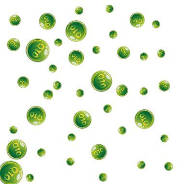 Q10 vitamini yuvarlak kapsülleri rastgele dağılmış. Güzellik ve beslenme cilt bakımı. Sağlıklı yaşam konsepti. Temel vitamin vektör illüstrasyonu. 