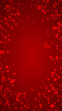 Sihirli kar yağışı arkaplanı. İnce uçan kar taneleri ve kırmızı arka plandaki yıldızlar. Sihirli yağan kar tatili manzarası. Dikey vektör illüstrasyonu.