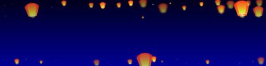 Yi peng festival card. Thailand holiday with paper lantern lights flying in the night sky. Traditional Yi Peng celebration. Vector illustration on dark blue background. clipart