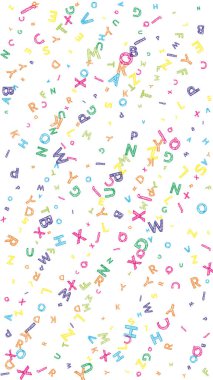 İngilizce 'nin harfleri düşüyor. Latin alfabesinin renkli, çocuksu uçan karakterleri. Yabancı diller öğrenim kavramı. Okula dönüş afişi .