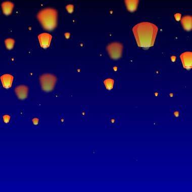 Gece gökyüzünde süzülen gökyüzü fenerleri. Gece gökyüzünde kağıt fener ışıkları uçuşan Tayland tatili. Gökyüzü feneri festivali kutlaması. Koyu mavi arkaplanda vektör illüstrasyonu.