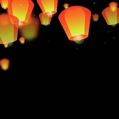 Gece gökyüzünde süzülen gökyüzü fenerleri. Gece gökyüzünde kağıt fener ışıkları uçuşan Tayland tatili. Gökyüzü feneri festivali kutlaması. Siyah arkaplanda vektör illüstrasyonu.