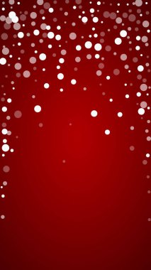 Güzel kar yağışı arkaplanı. İnce uçan kar taneleri ve kırmızı arka plandaki yıldızlar. Güzel kar yağışı şablonu. Dikey vektör illüstrasyonu.