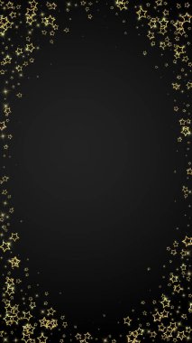 Parıldayan yıldızlar rastgele dağılmış, uçuyor, düşüyor, yüzüyor. Noel kutlaması kavramı. Siyah arkaplanda kutlama yıldızları vektör çizimi.