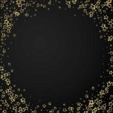 Yıldızlı gece masalı geçmişi. Şirin ışıltılı parıltılar, havada Noel ruhu. Siyah arkaplanda kutlama yıldızları vektör çizimi.